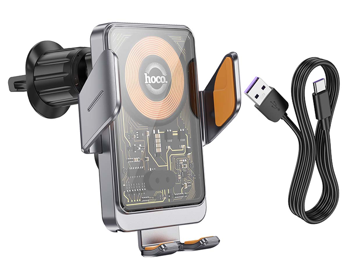 держатель Hoco HW7 Transparent Discovery Edition wireless fast charging car hold metal gray