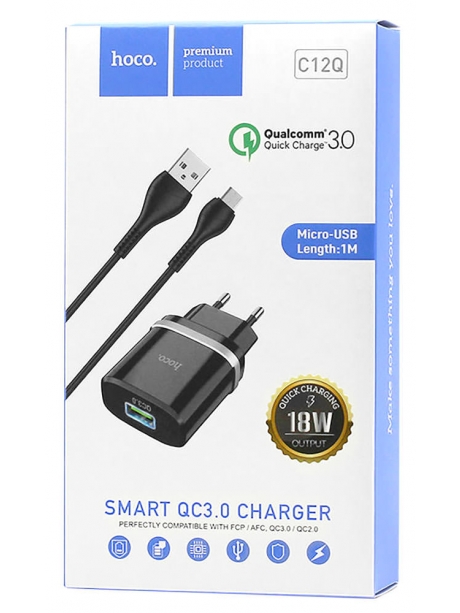 зарядное устройство Hoco C12Q Smart QC3.0 charger + Micro cable black