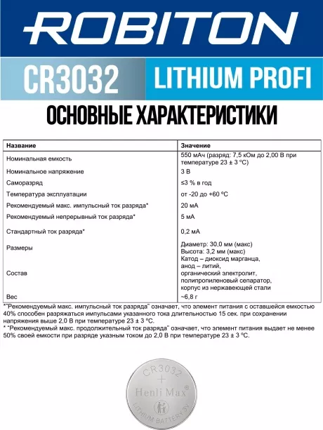 литиевая батарейка Robiton CR3032 PROFI-1BL 