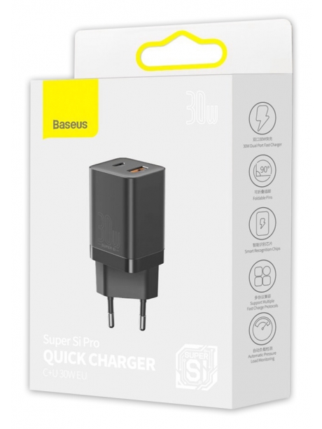 сетевая зарядка для телефона и планшета Baseus Super Si Pro Quick Charger C+U 30W black