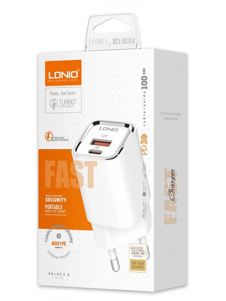 быстрое зарядное устройство LDNIO A2317C 30W PD/QC3.0 Fast Charger white