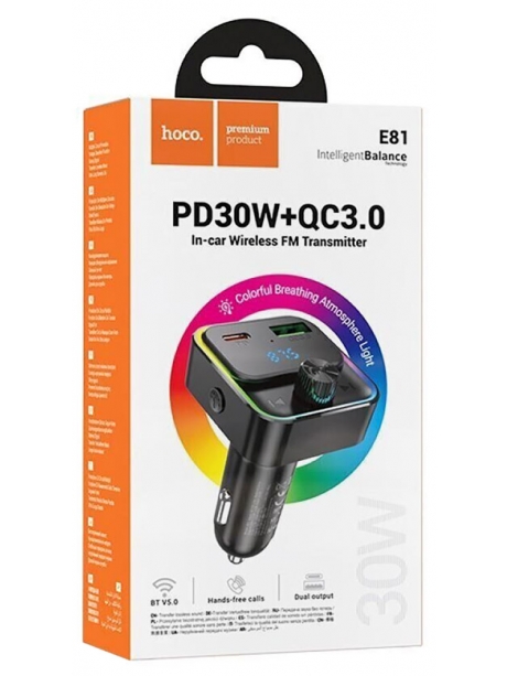 АЗУ с bluetooth FM трансмиттером Hoco E81 Fantasy PD30W+QC3.0 car BT FM transmitter black