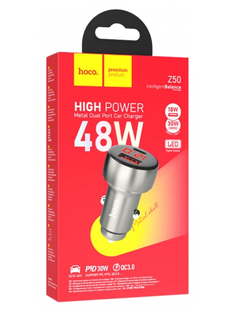 зарядка для телефона в машину Hoco Z50 Leader 48W dual-port PD30W+QC3.0 car charger with display metal gray