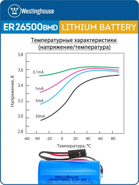литиевые батарейки Westinghouse ER 26500BMD1 (C) connector 3шт. 